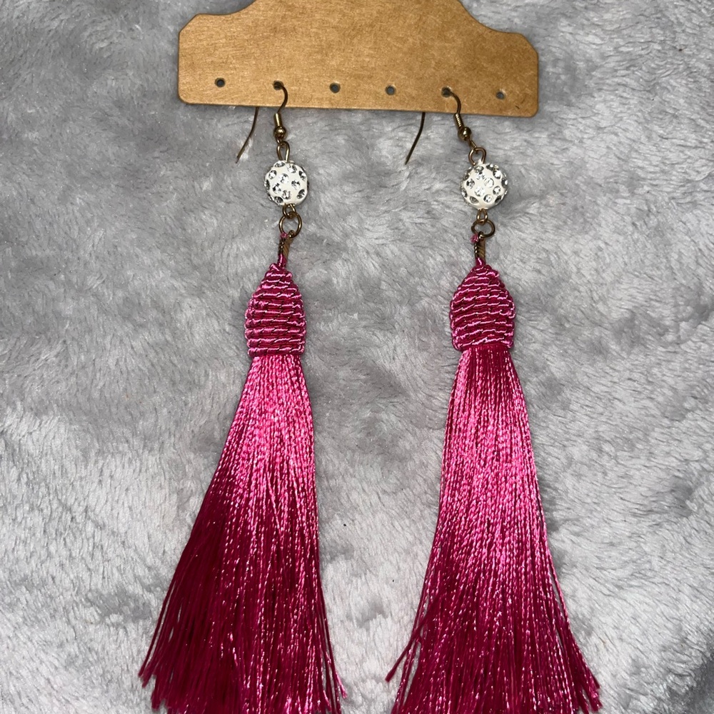 Vibrant Pink Tassel Earrings with Crystal Accents